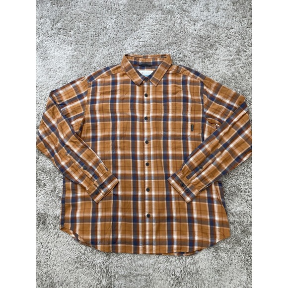 Columbia Shirt Mens XL Brown Blue Plaid Button Up Long Sleeve Hiking Stretch - Picture 1 of 11